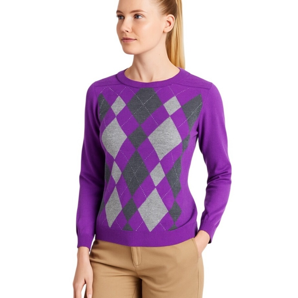 Banana Republic Purple‎ Gray Argyle Crew Neck Cashmere Sweater Size S